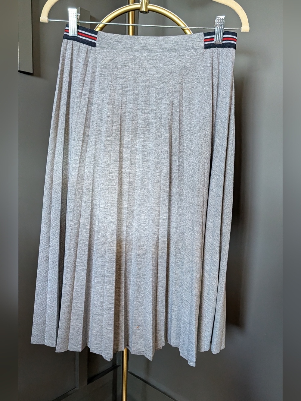 Marks & Spencer Light Gray Pleated Midi Skirt with Striped Waistband